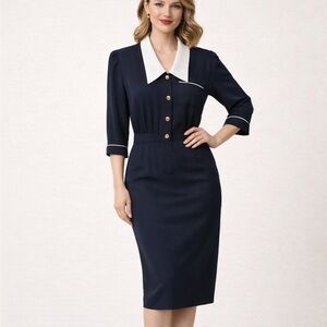 Vintage 1960s Retro Navy Long Sleeve Dress with White Trim